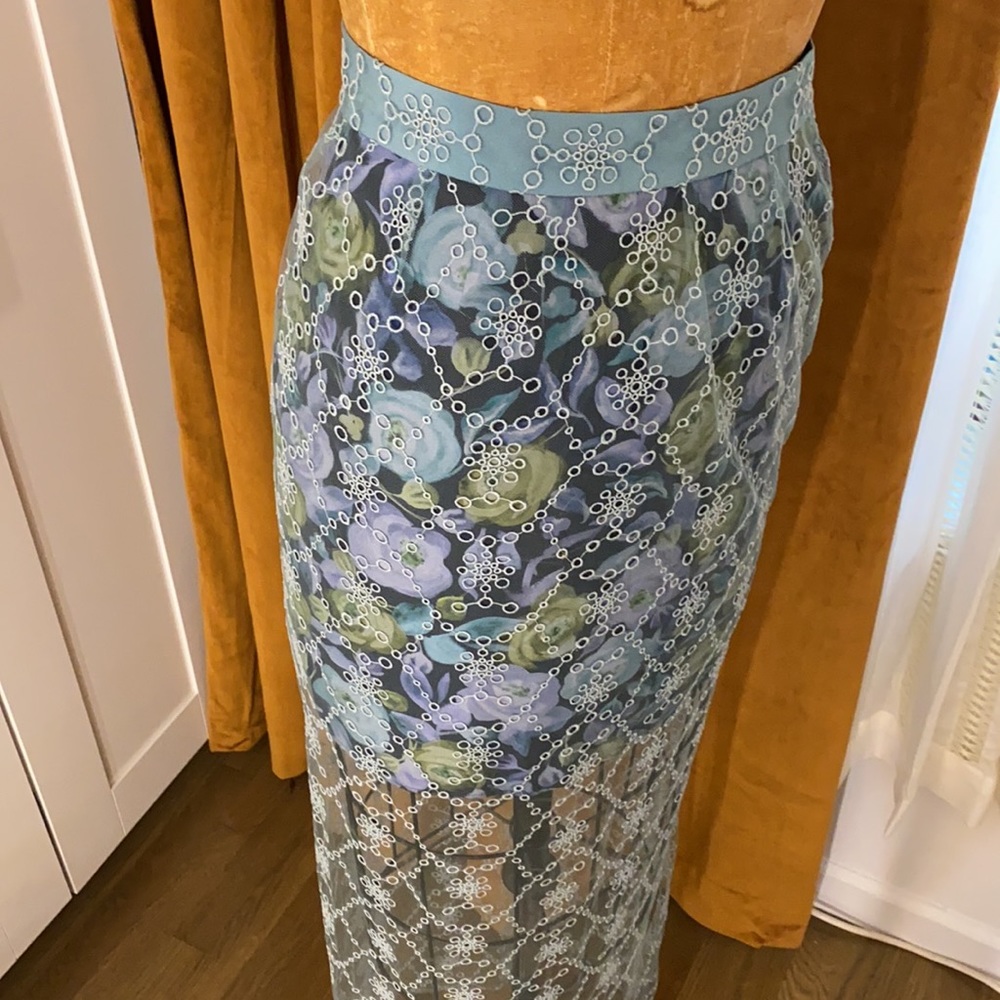 NWT Burberry Watercolor Rose Print and Lace Skirt